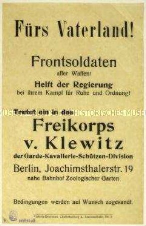 Aufruf zum Eintritt in das Freikorps von Klewitz der Garde-Kavallerie-Schützen-Division