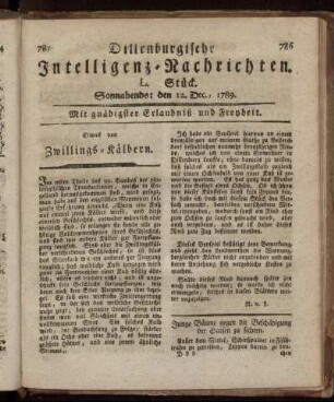 L. Stück. Sonnabends: den 12. Dec., 1789.