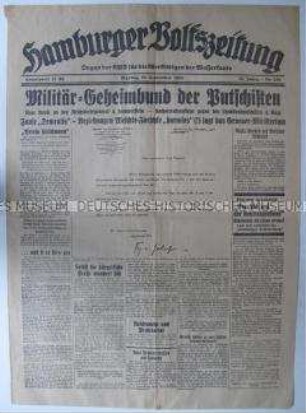 Titelseite der kommunistischen "Hamburger Volkszeitung" über die reaktionären Umtriebe des monarchistisch-militaristischen "Verein Hirschmann"