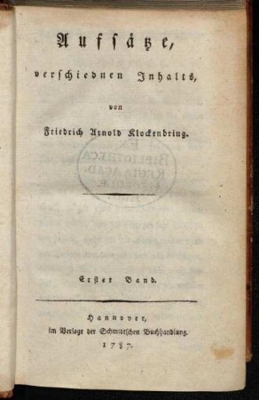 1: Aufsätze verschiednen Inhalts. Erster Band