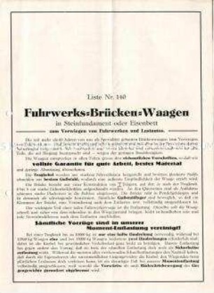 Liste Nr. 140 / Fuhrwerks-Brücken-Waagen in Steinfundament oder Eisenbett