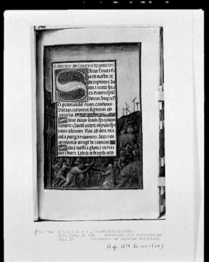 Gebetbuch mit Kalendarium — Gerahmte Textseite mit Szenen aus der Passion Christi, Folio 27recto