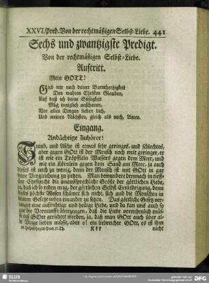 Sechs und zwantzigste Predigt. Von der rechtmäßigen Selbst-Liebe