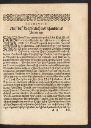 Resolutio Auff deß Kayserlichen Gesandtens Anbringen.