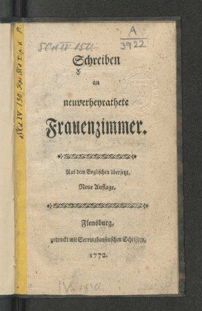 Schreiben an neuverheyrathete Frauenzimmer : Aus dem Englischen übersetzt
