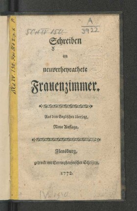 Schreiben an neuverheyrathete Frauenzimmer : Aus dem Englischen übersetzt
