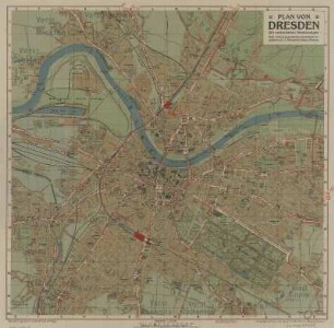 Stadtplan von Dresden, 1:15 000, Lithographie, ca. 1917 : Plan von Dresden : mit verbreiterten Straßenzügen ; nach vermessungsamtlichen Unterlagen bearbeitet / von C. C. Meinhold & Söhne. - 1:15 000. - Dresden : Meinhold , [ca. 1917]. - 1 Kt. : mehrfarb. ; 46 x 44 cm, gefaltet