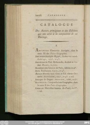 Catalogue Des Auteurs principaux et des Editions qui ont servi à la composition de cet Ouvrage.