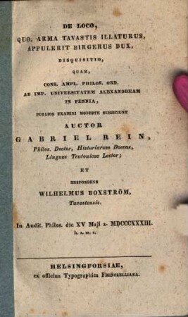 De loco, quo, arma Tavastis illaturus, appulerit Birgerus dux, disquisitio