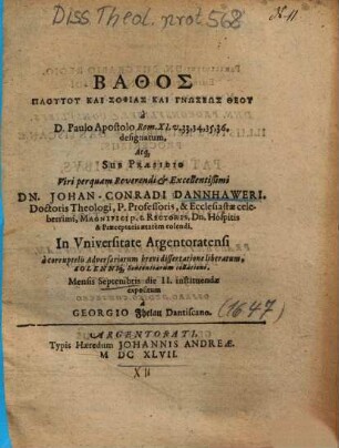 Bathos Plutu Kai Sophias Kai Gnōseōs Theu, a D. Paulo Apostolo Rom. XI. v. 33,34,35,36. designatum