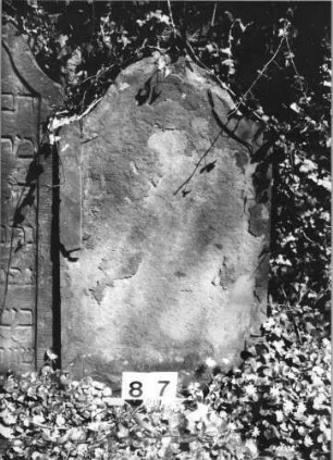Grabstein 87 (Index: 99629588) Material: Sandstein Zustand: völlig abgeblättert Maße HxBxT: 95x58x12 cm Beschreibung: Stele mit Konvexbogenabschluß, Schriftfeld eingetieft: Grabstein 87