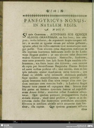 Panegyricus Nonus, In Natalem Regis. A. MDCCV.