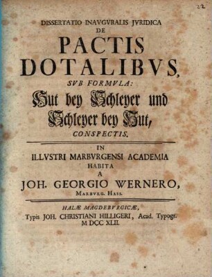 Dissertatio Inavguralis Jvridica De Pactis Dotalibvs, Svb Formvla: Hut bey Schleyer und Schleyer bey Hut Conspectis