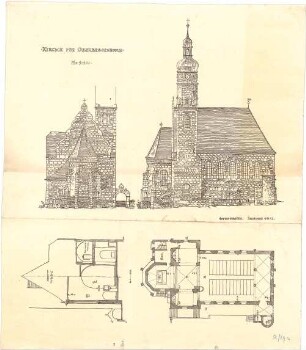 Fischer, Theodor; Oberbessenbach; St. Stephanuskirche - Grundriss, Ansichten, Schnitt