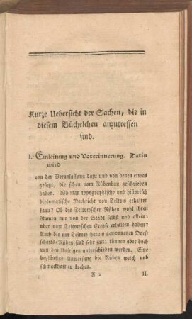 Kurze Uebersicht der Sachen, die in diesem Büchelchen anzutreffen sind