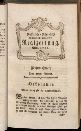 Fünftes Stück. Den 30ten Jänner. Wien, 1776.