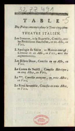 Table Des Piéces contenuës dans le Tome cinquiéme.