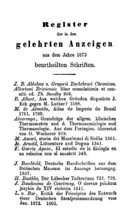 Register der in den gelehrten Anzeigen aus dem Jahre 1973 beurteilten Schriften.