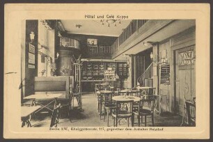 Ansichtskarte "Hotel und Café Koppe", Gastraum mit Empore, Königgrätzer Straße 117