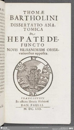 Thomae Bartholini Dissertatio Anatomica De Hepate Defuncto