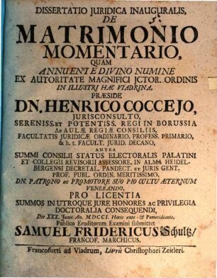 Dissertatio Juridica Inauguralis, De Matrimonio Momentario