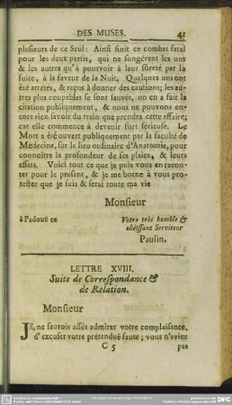 Lettre XVIII. Suite de Correspondance & de Relation