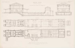 Empfangsgebäude am Bahnhof, Görlitz: Grundriss Keller, EG, Längsschnitt, Querschnitt (aus: Atlas zur Zeitschrift für Bauwesen, hrsg. v. G. Erbkam, Jg. 20, 1870)