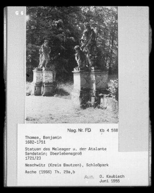 Thomae, Benjamin. Statuen des Meleager und der Atalante. Sandstein; überlebensgroß. 1721/1723. Neschwitz, Schlosspark