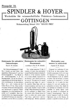 Prospekt 33: Elektrometer für radioaktive Untersuchungen - Electrometer for radioactive Measurements - Electrométre pour mesurer la radioactivité