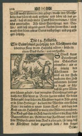 Die 54. Historia. Wie Eulenspiegel zu Leipzig den Kürschnern eine lebendige Katze in ein Hasenfell nähete/ solche in einen Sack steckte/ und verkauffte