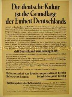Maueranschlag des Kulturausschusses der Arbeiterorganisationen und des Kulturbunds Leipzig mit Ankündigung einer Kulturwoche