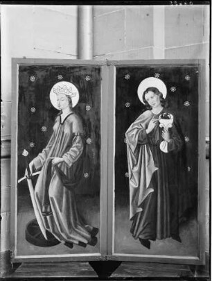 Schwäbisch Hall Sankt Katharinen Kirche Hochaltar (um 1450) Rechter Doppelflügel Gemälde Heiliger Katharina und Johannes Evangelista