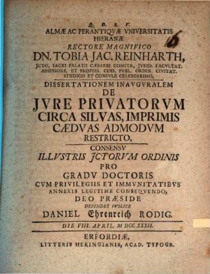 Diss. inaug. de iure privatorum circa silvas, imprimis caeduas admodum restricto