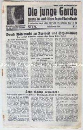 Exilausgabe der Zeitung des KJVD "Die junge Garde" u.a. zum 1. Mai und für die Freilassung von Ernst Thälmann