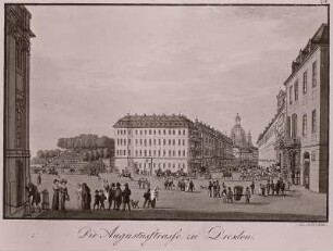 Schloßplatz : Dresden, Schloßplatz mit Treppe zur Brühlschen Terrasse, Fürstenbergschem Haus und Blick in die Augustusstraße. Kolorierter Stich von J.C.A. Richter, um 1820.
