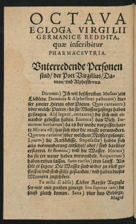 Octava Ecloga Virgilii Germanice Reddita, quae inscribitur Pharmaceutria.