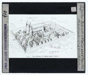 St. Gallen, Kloster,St. Gallen, Stiftkirche,unbekannt, St. Galler Klosterplan (St. Gallen Stiftsbibliothek) : Rekonstruktion des Klosterplans als Perspektive, Zeichnung