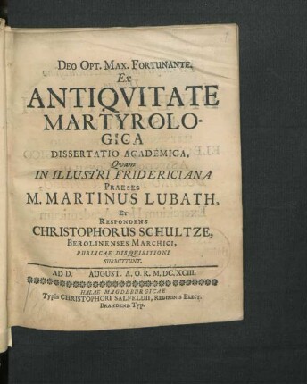 Ex Antiquitate Martyrologica Dissertatio Academica