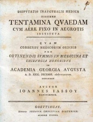 Dispvtatio Inavgvralis Medica Sistens Tentamina Qvaedam Cvm Aere Fixo In Aegrotis Institvta