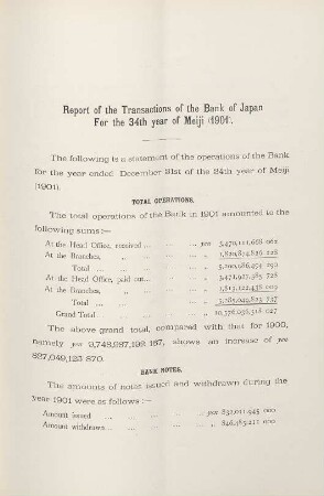 Report of the transactions of the Bank of Japan or the 34th year of Meiji (1901)