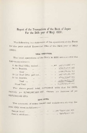 Report of the transactions of the Bank of Japan or the 34th year of Meiji (1901)