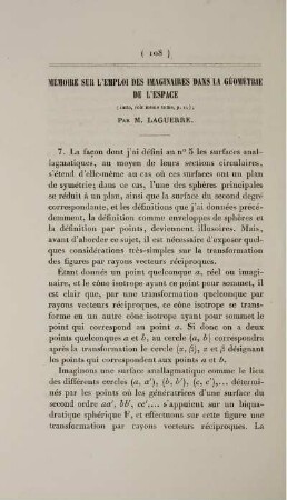 Mémoire sur l'emploi des imaginaires dans la géométrie de l'espace.
