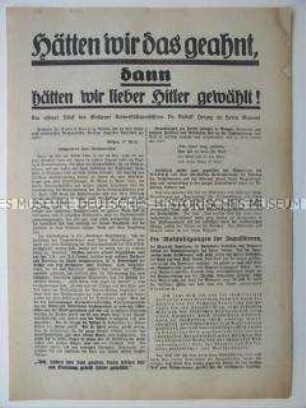 Werbung der NSDAP zu den Preußischen Landtagswahlen in Form eines "offenen Briefes" eines Universitätsprofessors