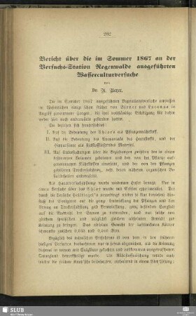 Bericht über die im Sommer 1867 an der Versuchs-Station Regenwalde ausgeführten Wasserculturversuche
