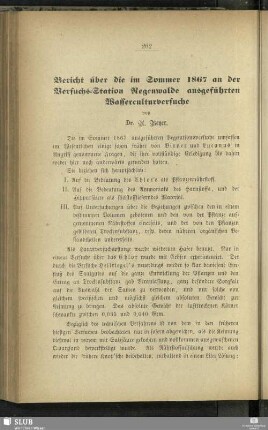 Bericht über die im Sommer 1867 an der Versuchs-Station Regenwalde ausgeführten Wasserculturversuche