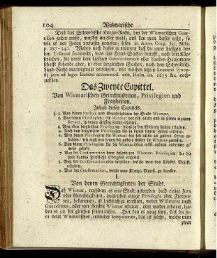 Das Zweyte Capittel. Von Wismarischen Gerechtigkeiten, Privilegien und Freyheiten.
