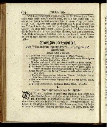 Das Zweyte Capittel. Von Wismarischen Gerechtigkeiten, Privilegien und Freyheiten.