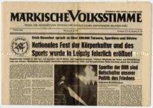 Regionale Tageszeitung der SED "Märkische Volksstimme" zum VIII. Turn- und Sportfest der DDR in Leipzig 1987