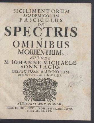Sicilimentorum Academicorum Fasciculus De Spectris Et Ominibus Morientium