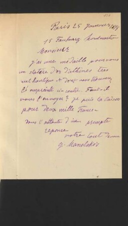 Brief von G. Manolakos, Paris : 25.01.1898